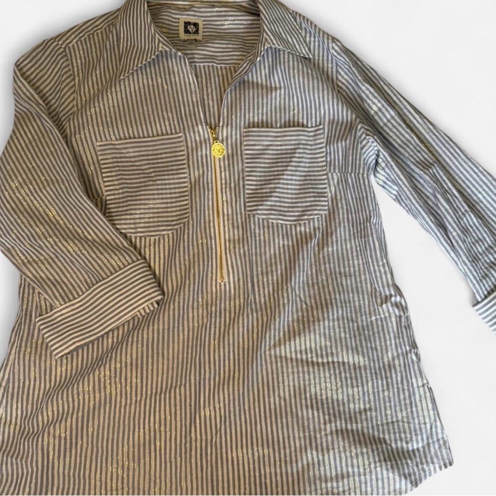 Anne Klein Zip Up Casual Roll Tab Sleeve Striped Gold Lurex Shirt